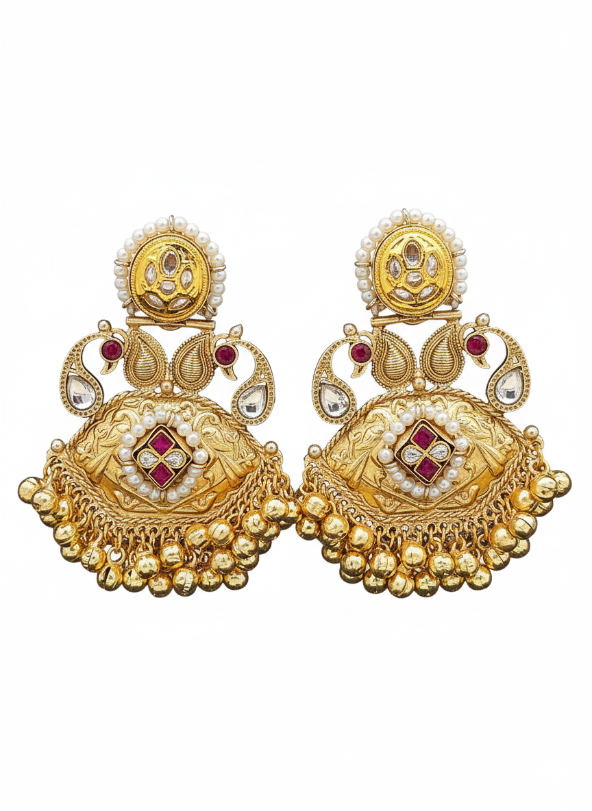 Awesome Antique Gold plated Synthetic Polky-Multi Color Glass Stone-Pearl Fancy Dangle Drop Earrings