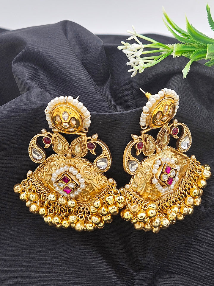 Awesome Antique Gold plated Synthetic Polky-Multi Color Glass Stone-Pearl Fancy Dangle Drop Earrings