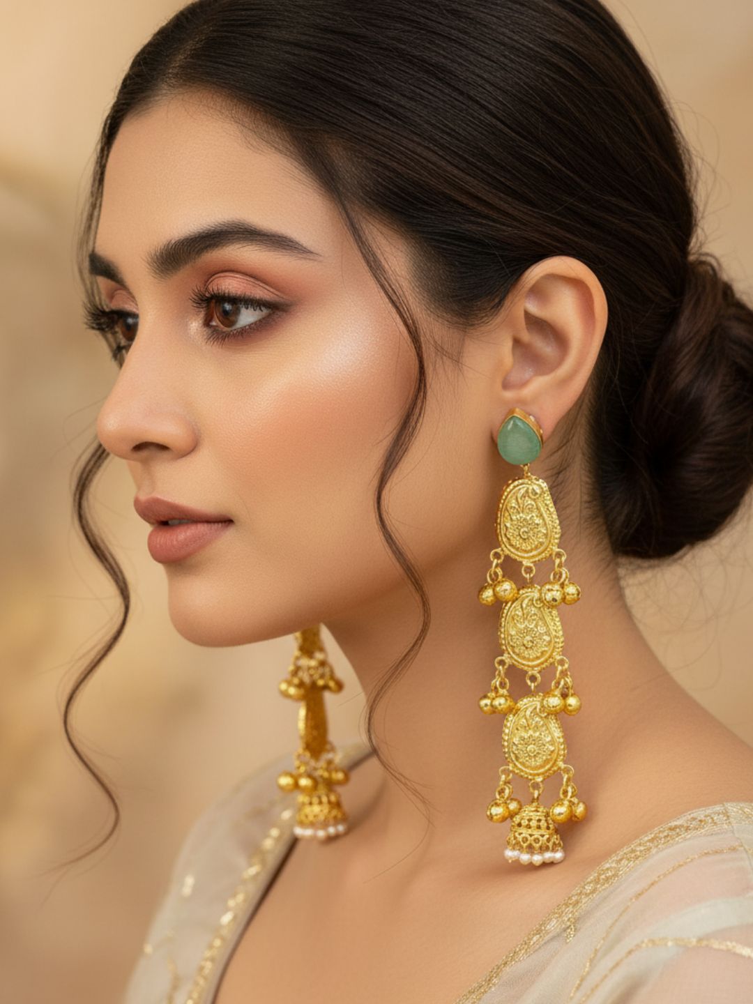 Attractive Gold plated Light weight Green Monalisa Fancy Long Earrings