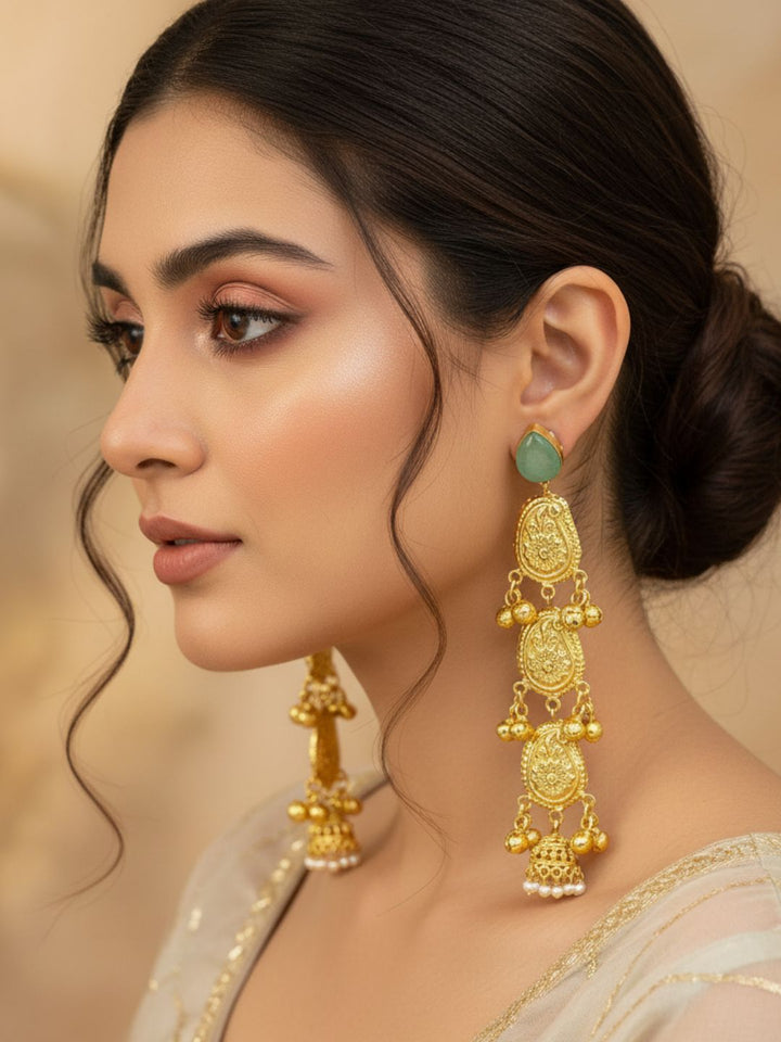 Attractive Gold plated Light weight Green Monalisa Fancy Long Earrings