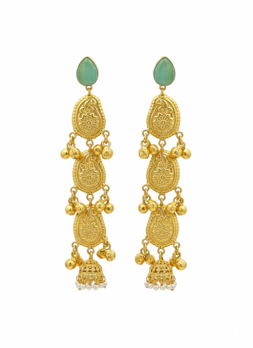 Attractive Gold plated Light weight Green Monalisa Fancy Long Earrings