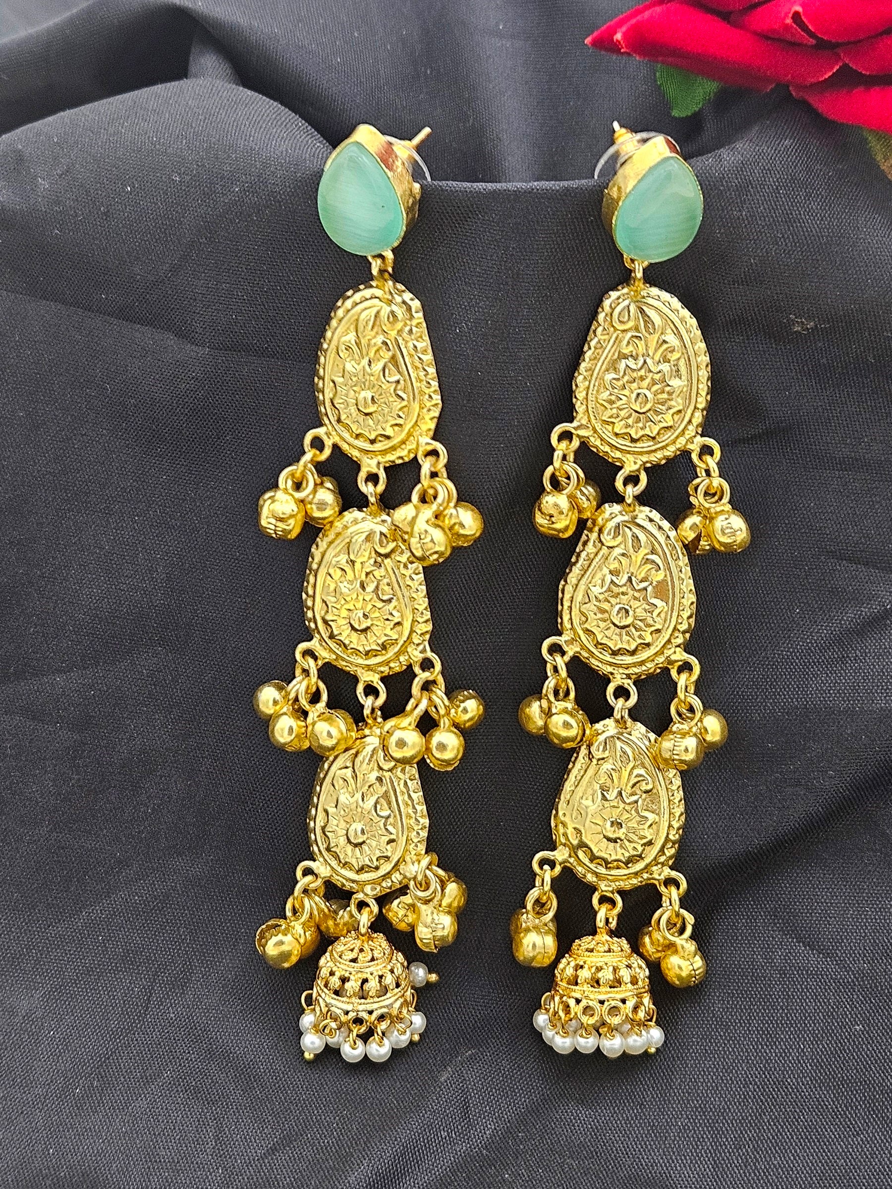 Attractive Gold plated Light weight Green Monalisa Fancy Long Earrings