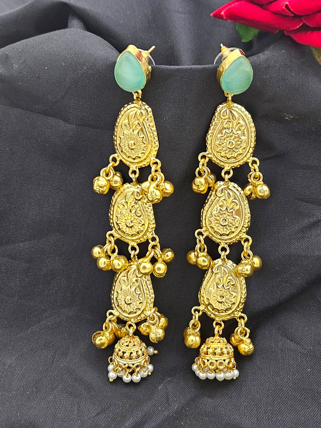 Attractive Gold plated Light weight Green Monalisa Fancy Long Earrings