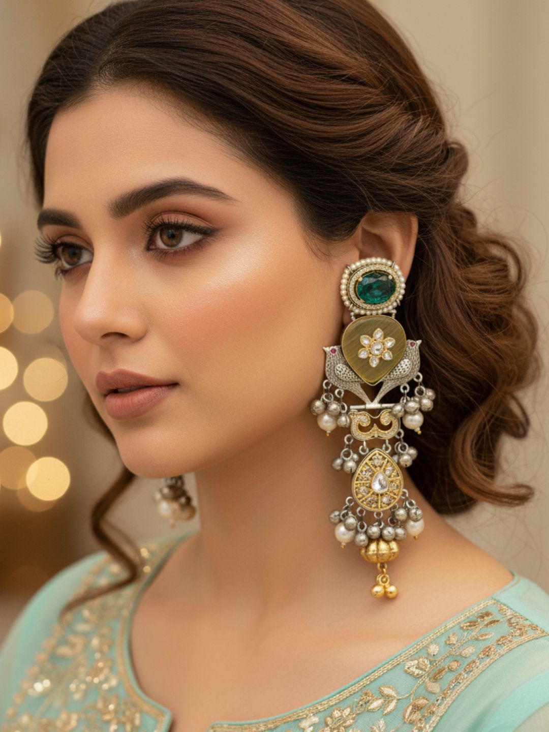 Amazing Teal Blue Glass-Yellow Monalisa-AD-Synthetic polky-Pearl Gold & Silver Dual Color plated Fancy Dangle Drop Earrings