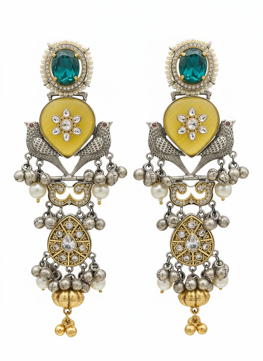 Amazing Teal Blue Glass-Yellow Monalisa-AD-Synthetic polky-Pearl Gold & Silver Dual Color plated Fancy Dangle Drop Earrings