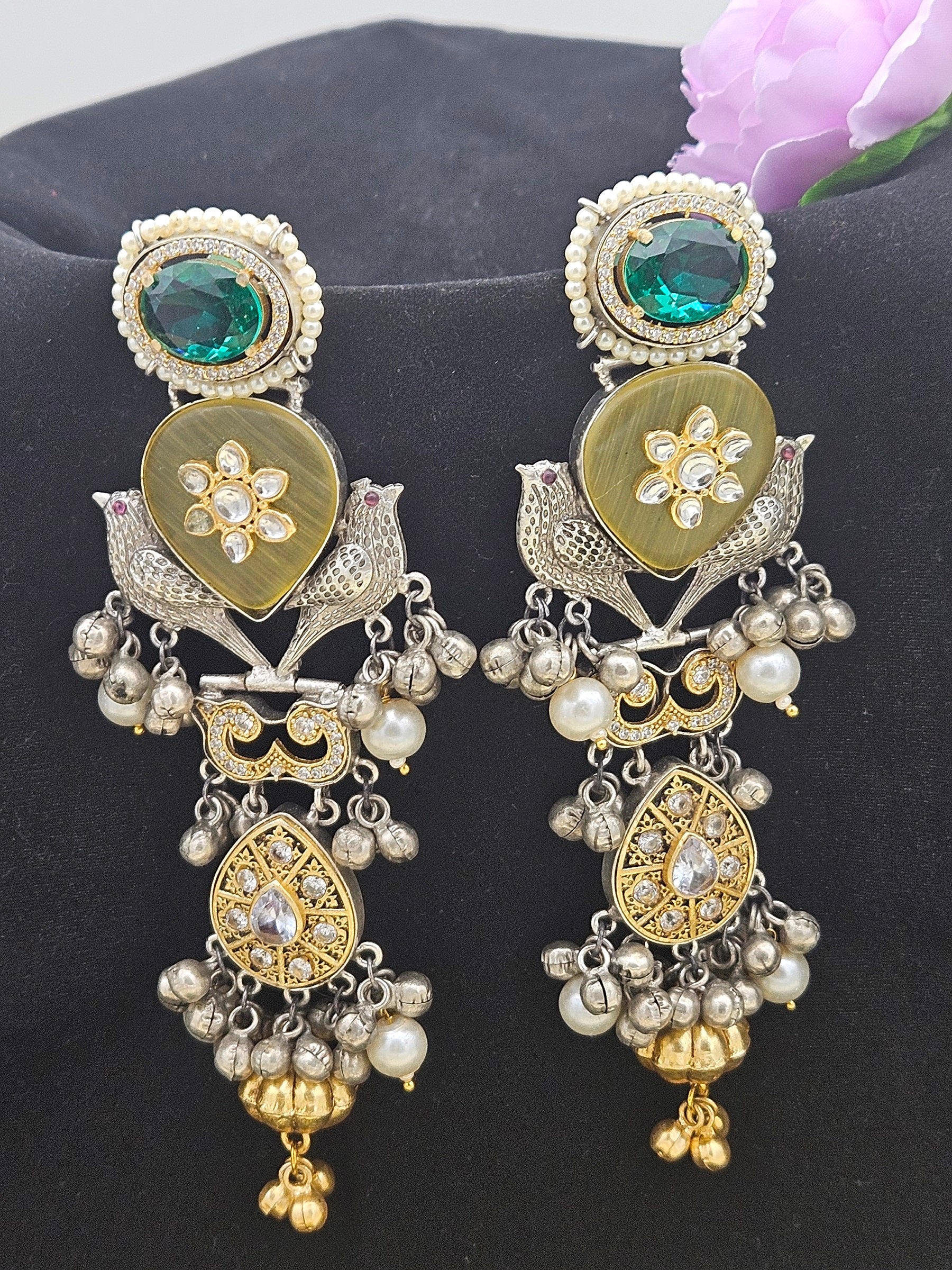 Amazing Teal Blue Glass-Yellow Monalisa-AD-Synthetic polky-Pearl Gold & Silver Dual Color plated Fancy Dangle Drop Earrings