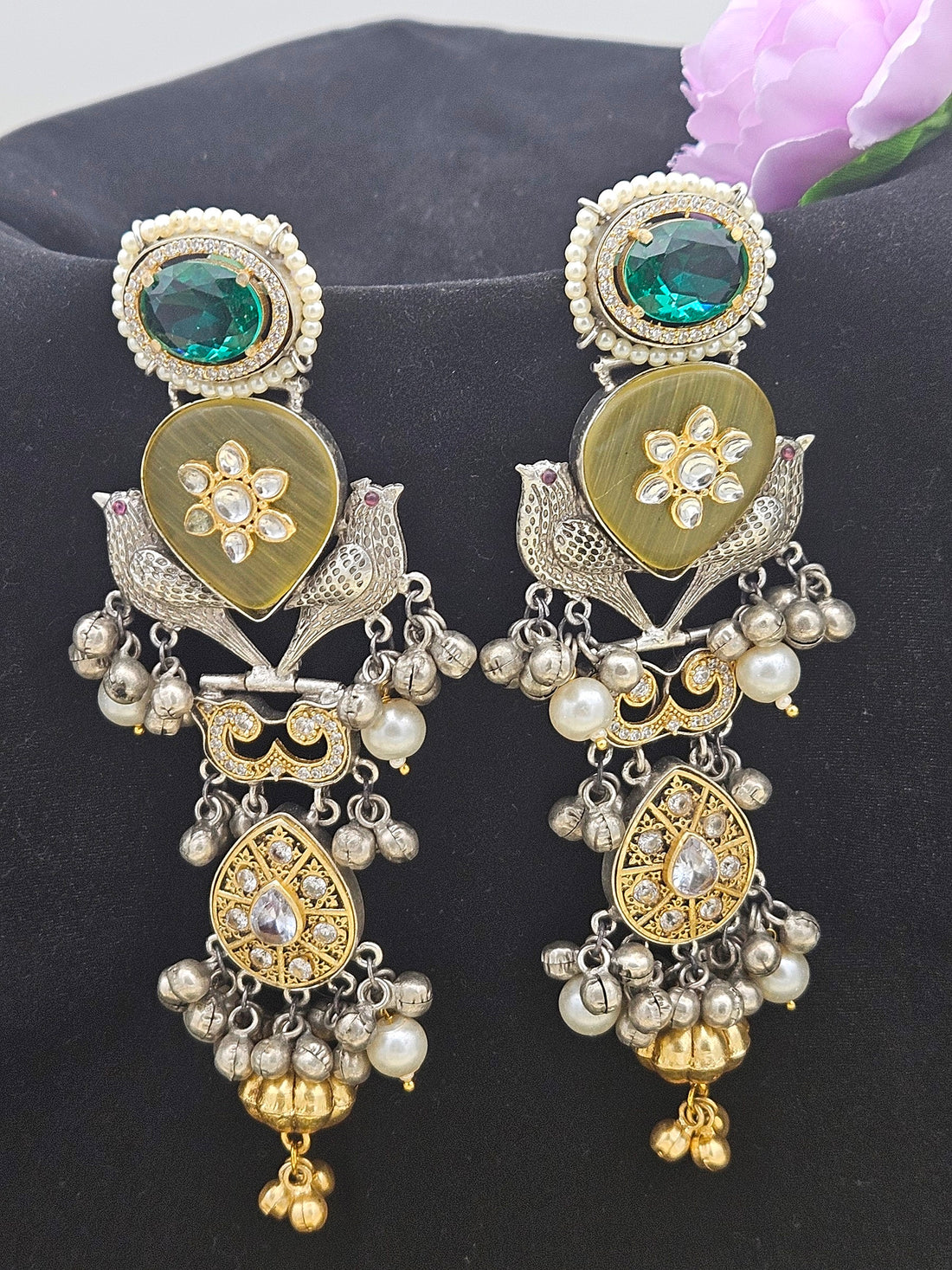 Amazing Teal Blue Glass-Yellow Monalisa-AD-Synthetic polky-Pearl Gold & Silver Dual Color plated Fancy Dangle Drop Earrings