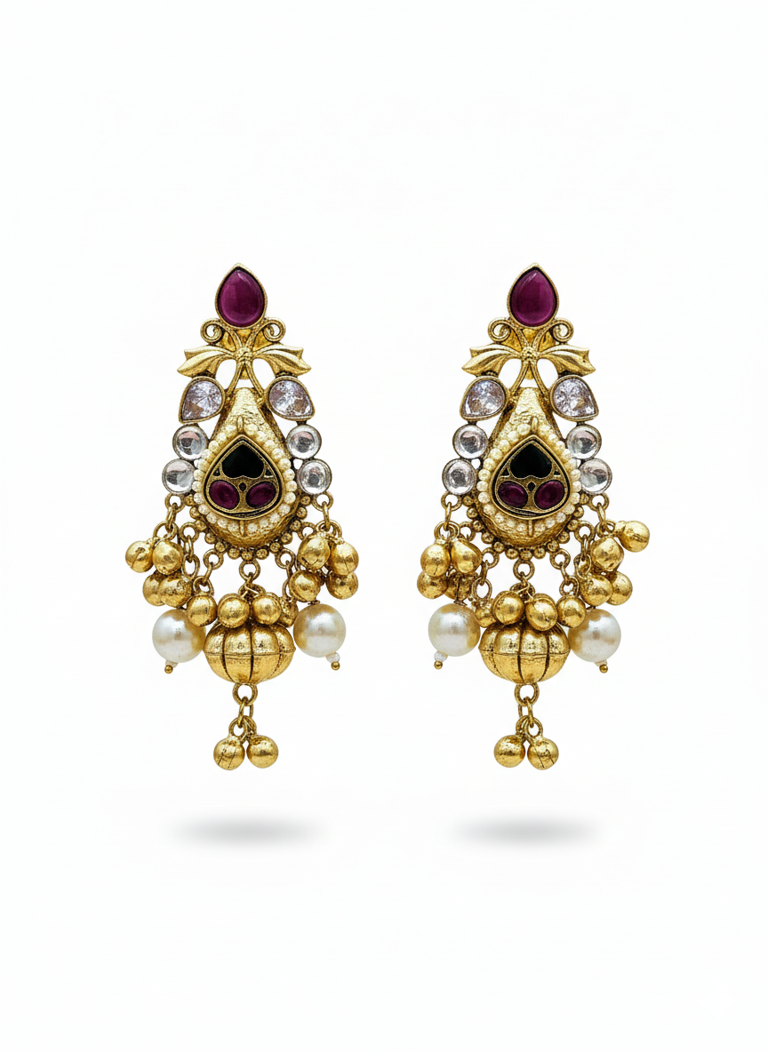 Charming Antique Gold  Synthetic Polky-Multi Color Glass Stone-Pearl Fancy Dangle Drop Earrings