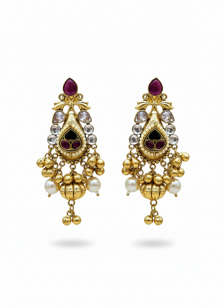 Charming Antique Gold  Synthetic Polky-Multi Color Glass Stone-Pearl Fancy Dangle Drop Earrings