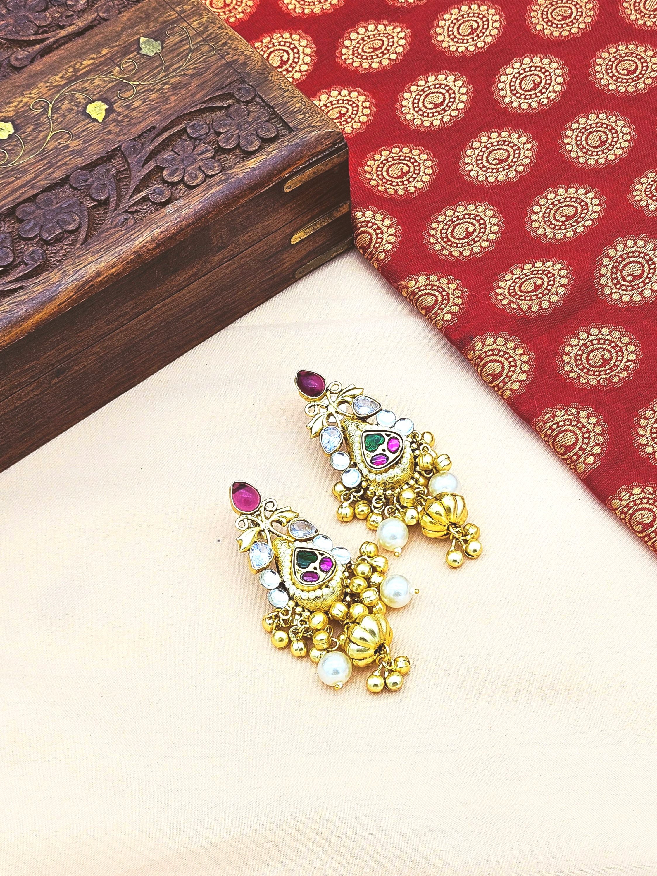 Charming Antique Gold  Synthetic Polky-Multi Color Glass Stone-Pearl Fancy Dangle Drop Earrings