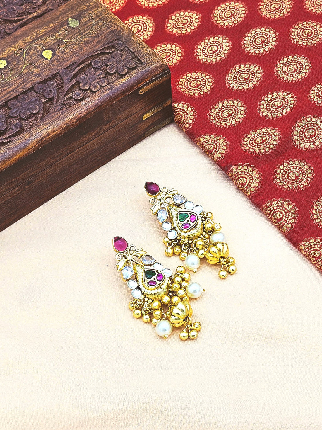 Charming Antique Gold  Synthetic Polky-Multi Color Glass Stone-Pearl Fancy Dangle Drop Earrings