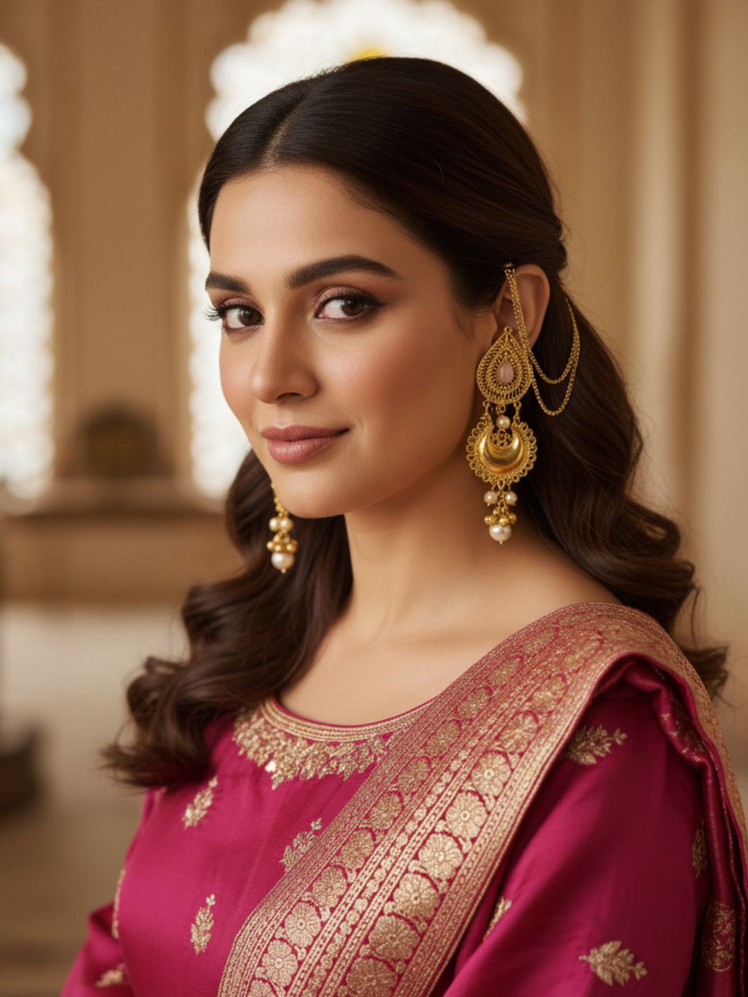 Charming Antique Gold Rose Quartz Pearl Artistic Designer Dangle Drop Earrings with Ear Chain