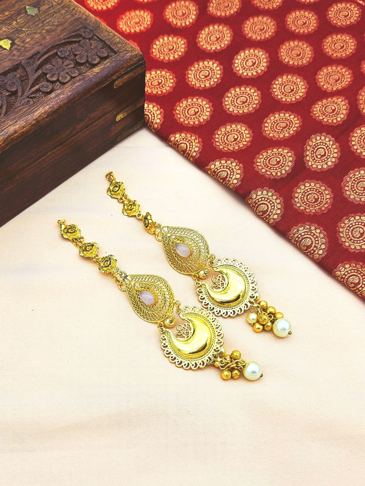 Charming Antique Gold Rose Quartz Pearl Artistic Designer Dangle Drop Earrings with Ear Chain