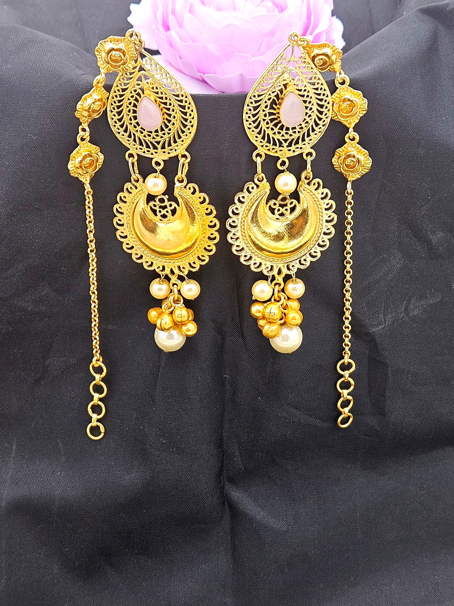 Charming Antique Gold Rose Quartz Pearl Artistic Designer Dangle Drop Earrings with Ear Chain