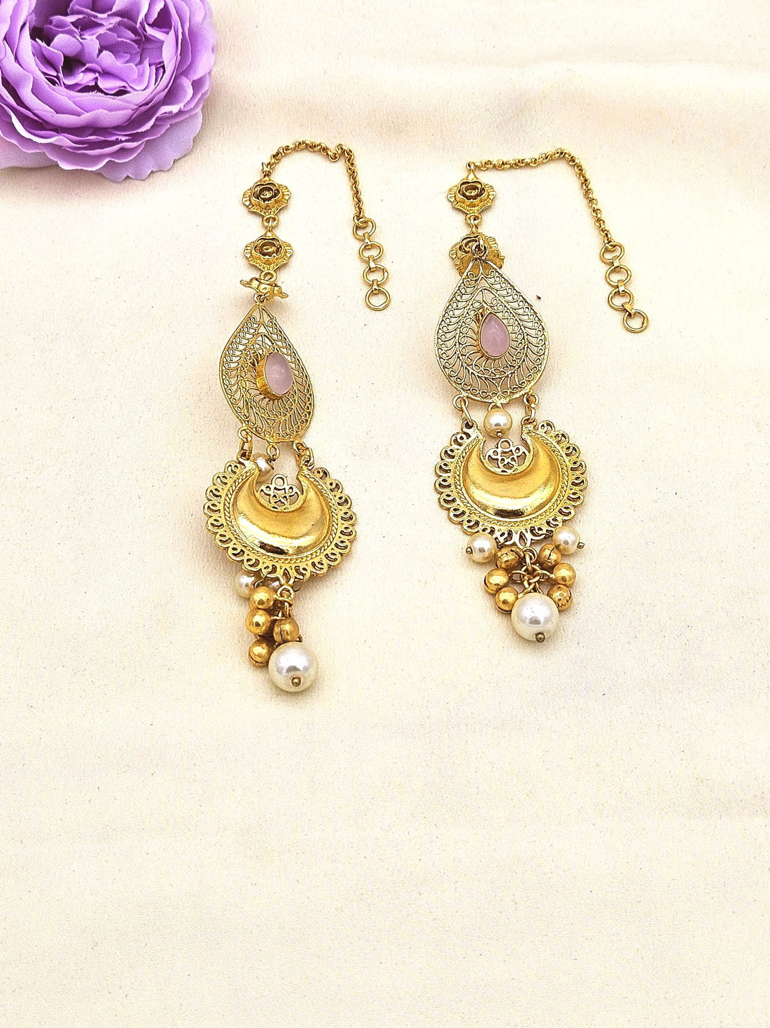 Charming Antique Gold Rose Quartz Pearl Artistic Designer Dangle Drop Earrings with Ear Chain