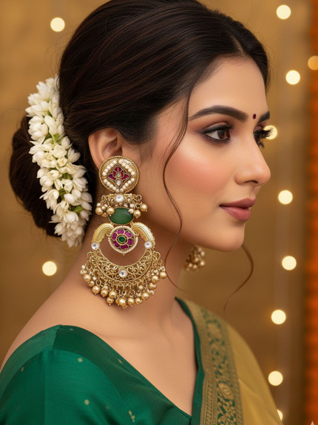 Amazing Antique Gold Green Color Stone-Multi Color Glass Motif-Polky-Pearl  Fancy Dangle Earrings