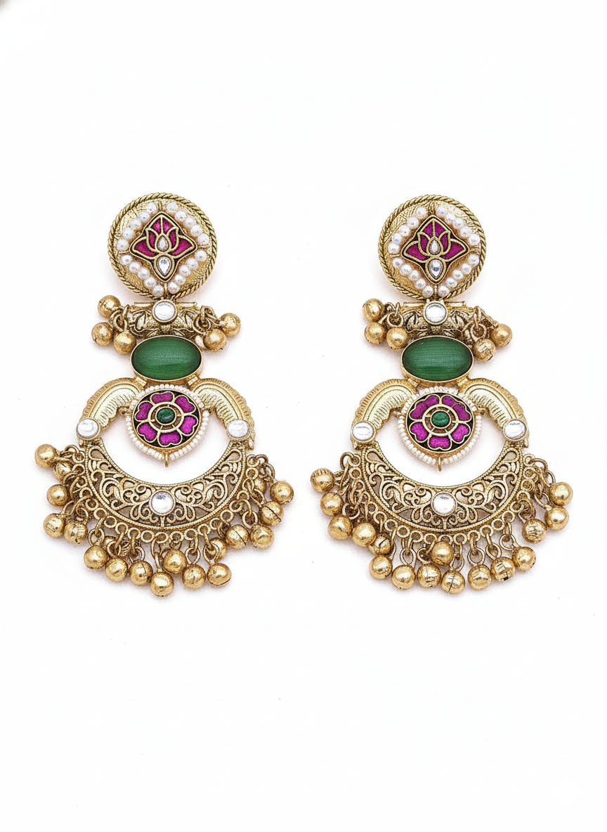 Amazing Antique Gold Green Color Stone-Multi Color Glass Motif-Polky-Pearl  Fancy Dangle Earrings