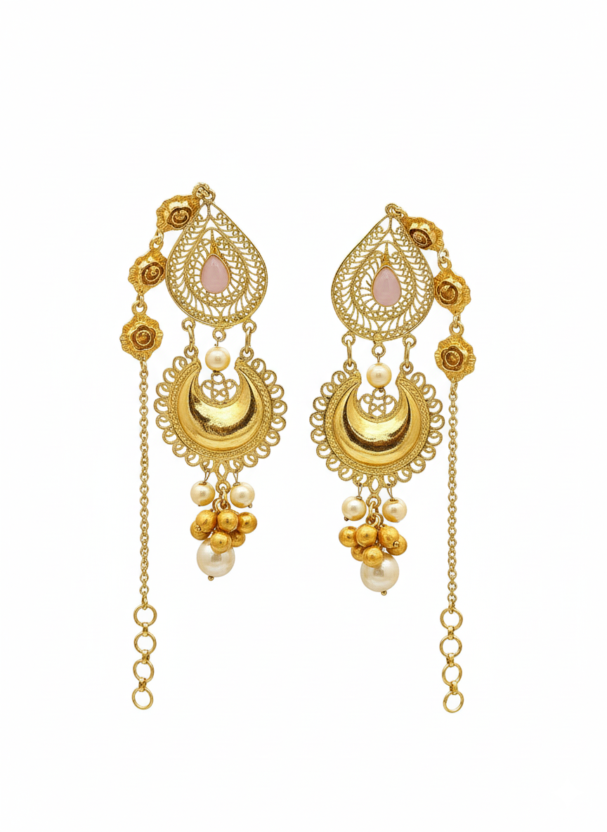 Charming Antique Gold Rose Quartz Pearl Artistic Designer Dangle Drop Earrings with Ear Chain