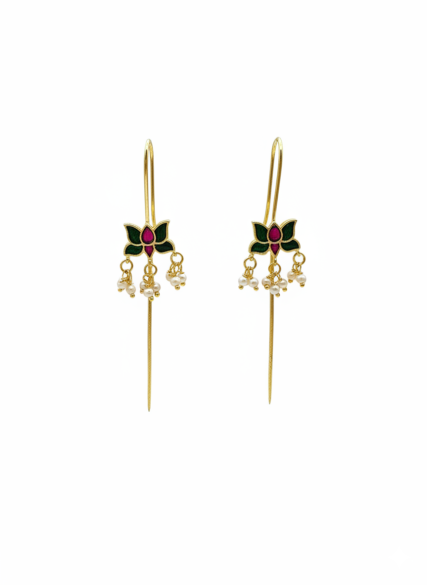 Awesome Antique Gold Green-Red Glass Polky-Pearl Light Weight Ear Hook-Pin Cuff Earrings
