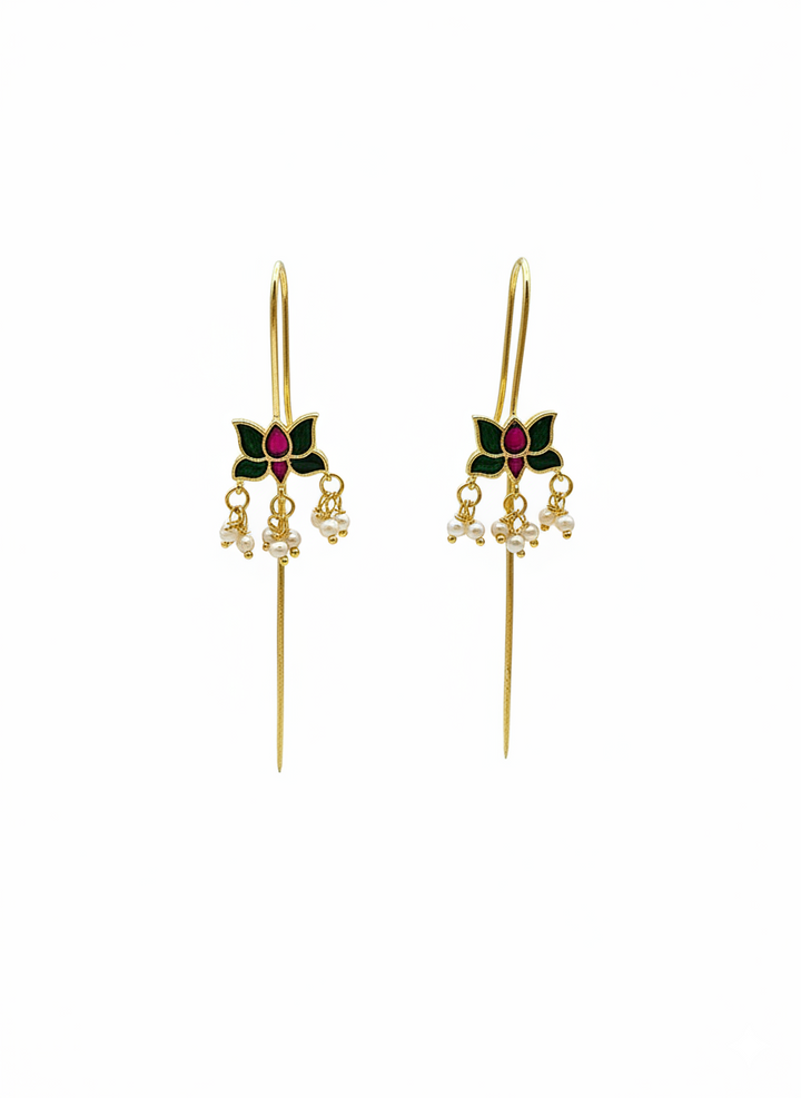 Awesome Antique Gold Green-Red Glass Polky-Pearl Light Weight Ear Hook-Pin Cuff Earrings