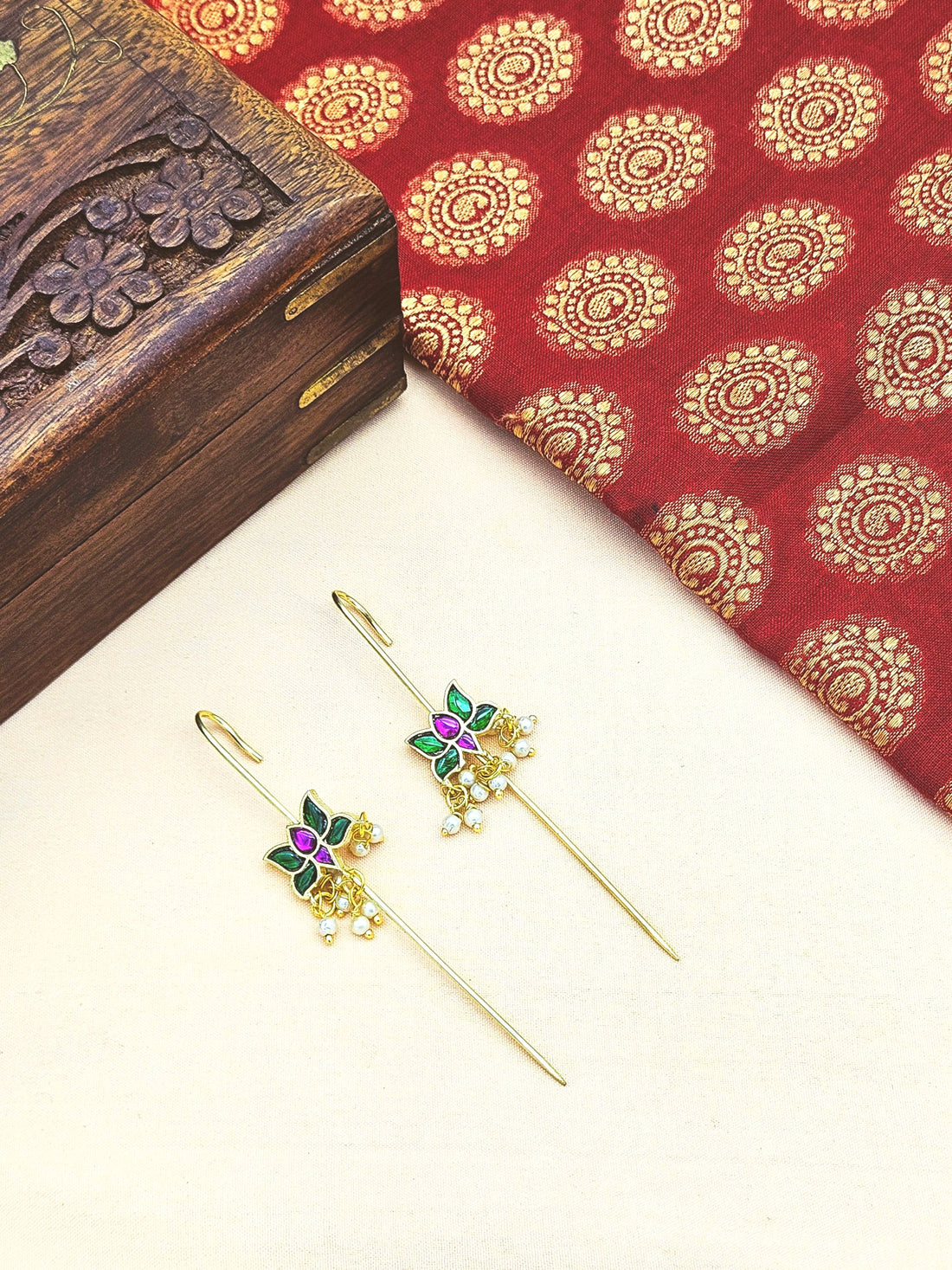 Awesome Antique Gold Green-Red Glass Polky-Pearl Light Weight Ear Hook-Pin Cuff Earrings