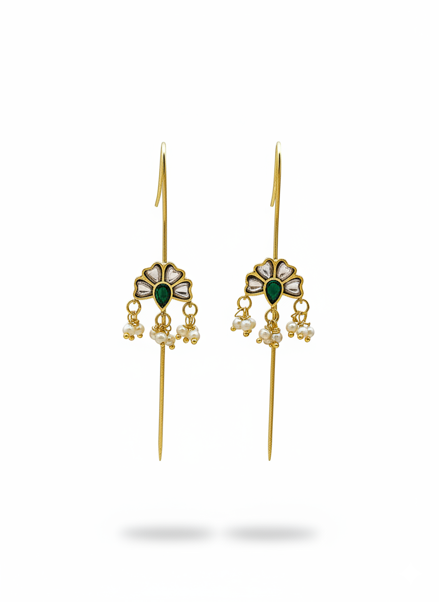 Awesome Antique Gold White-Green Glass Polky-Pearl Light Weight Ear Hook-Pin Cuff Earrings