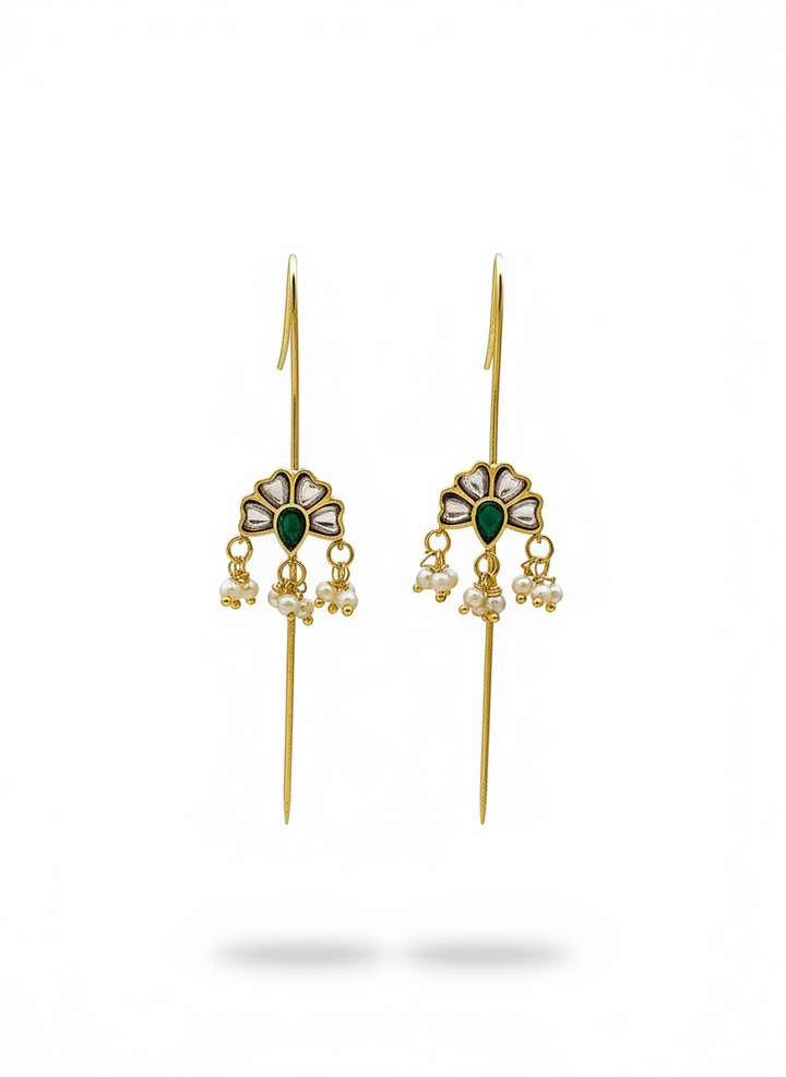 Awesome Antique Gold White-Green Glass Polky-Pearl Light Weight Ear Hook-Pin Cuff Earrings