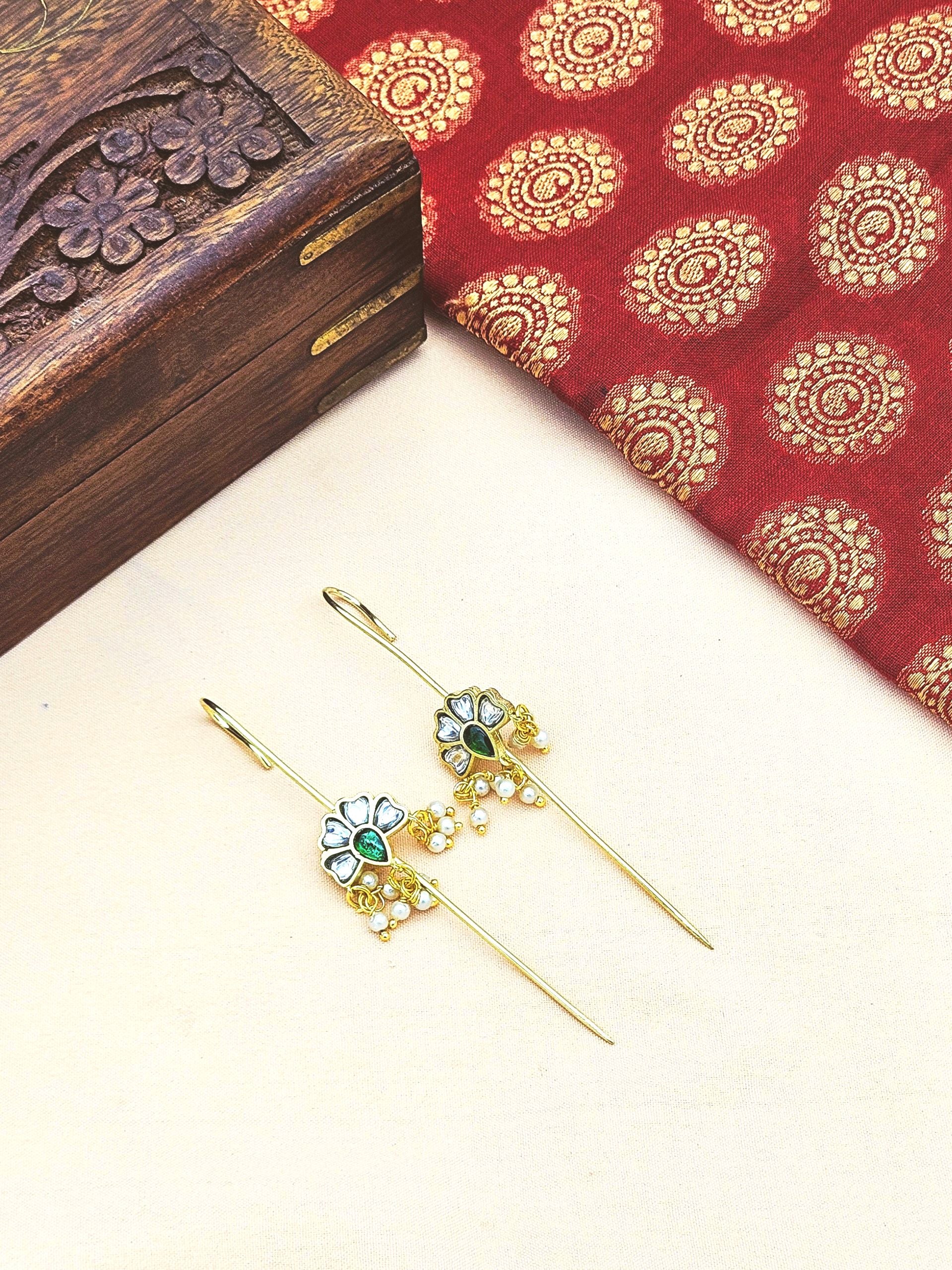 Awesome Antique Gold White-Green Glass Polky-Pearl Light Weight Ear Hook-Pin Cuff Earrings