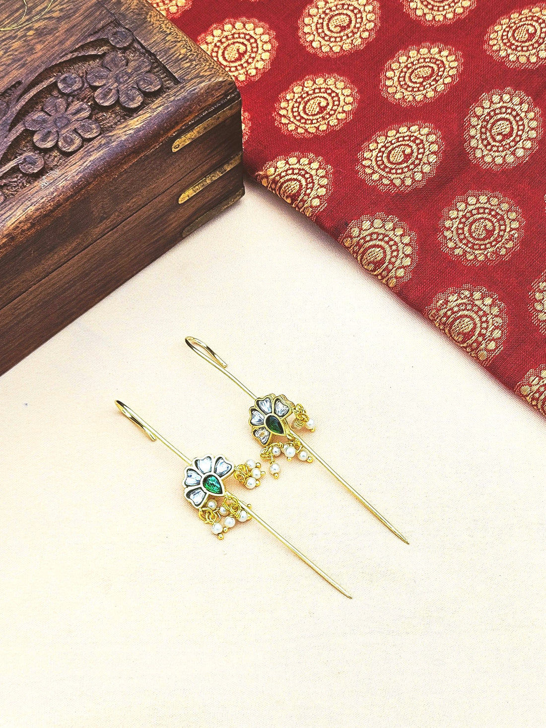 Awesome Antique Gold White-Green Glass Polky-Pearl Light Weight Ear Hook-Pin Cuff Earrings