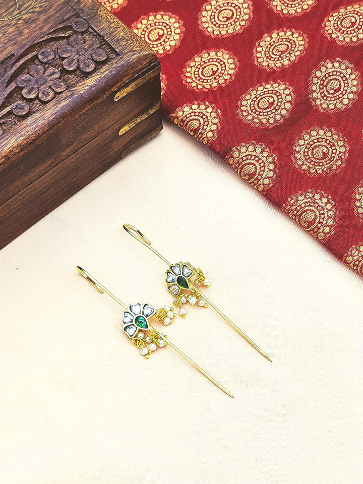 Awesome Antique Gold White-Green Glass Polky-Pearl Light Weight Ear Hook-Pin Cuff Earrings