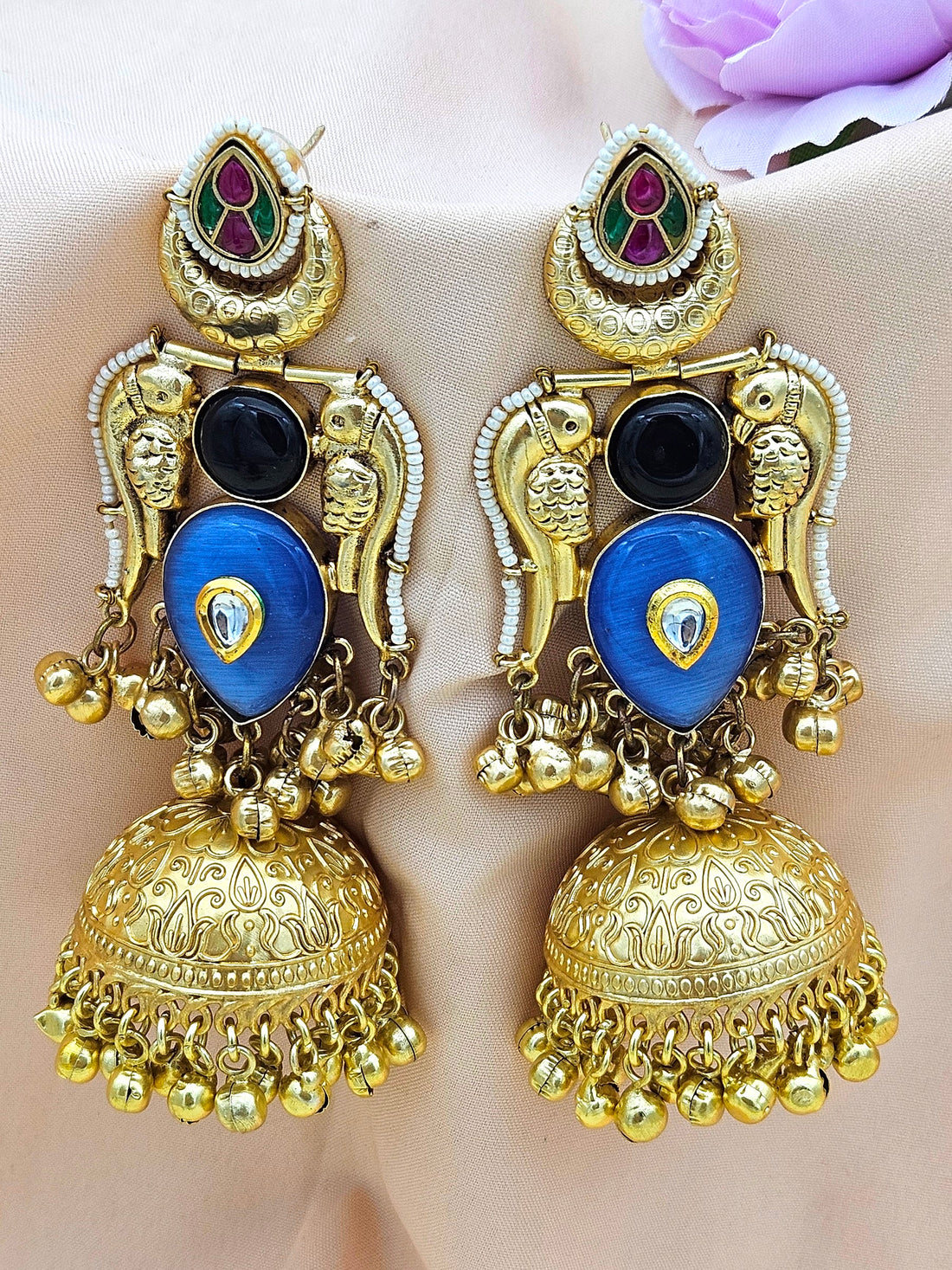 Gorgeous Antique Gold Blue Monalisa-Black Onyx-Multi Color Glass Polki Jhumka Earrings.