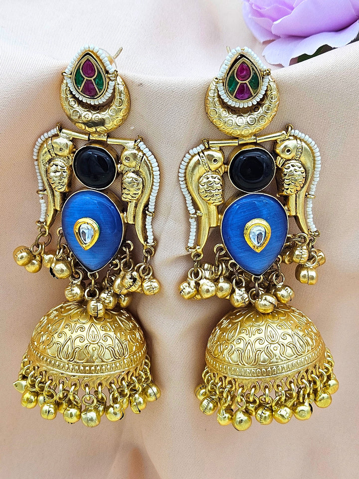 Gorgeous Antique Gold Blue Monalisa-Black Onyx-Multi Color Glass Polki Jhumka Earrings.