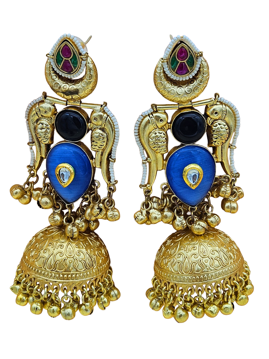 Gorgeous Antique Gold Blue Monalisa-Black Onyx-Multi Color Glass Polki Jhumka Earrings.