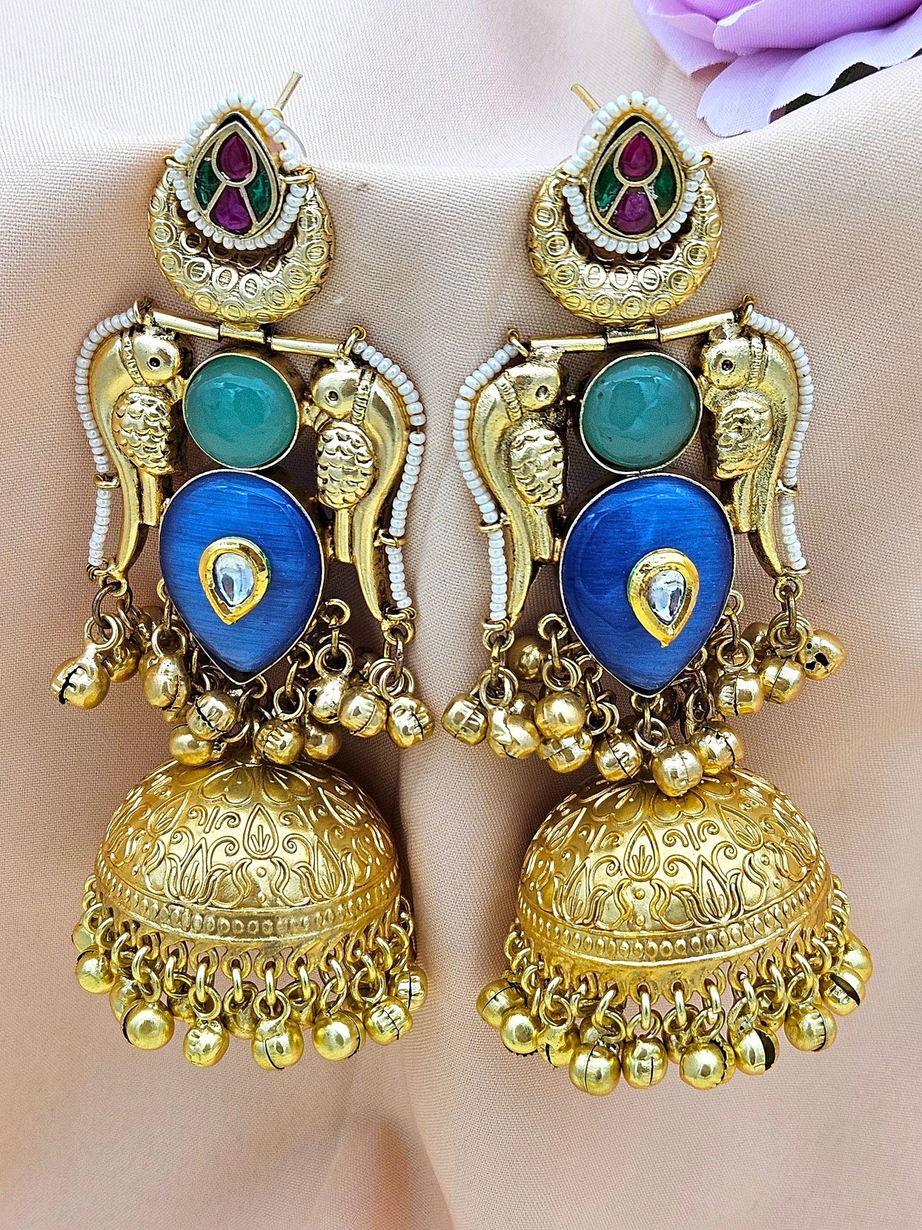 Gorgeous Antique Gold Blue Monalisa-Green Chalcedony-Multi Color Glass Polki Jhumka Earrings.