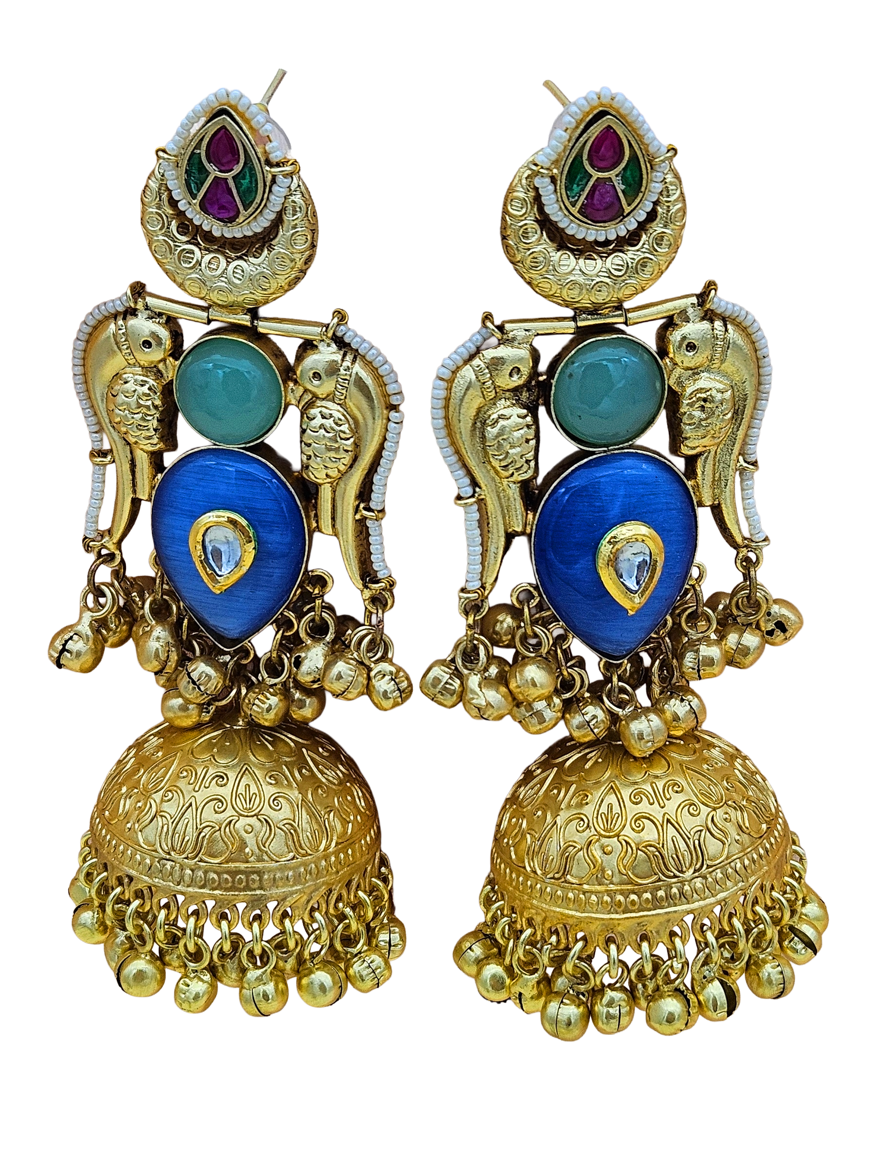 Gorgeous Antique Gold Blue Monalisa-Green Chalcedony-Multi Color Glass Polki Jhumka Earrings.
