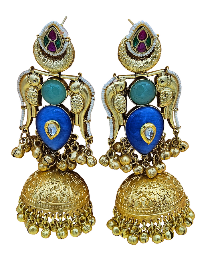 Gorgeous Antique Gold Blue Monalisa-Green Chalcedony-Multi Color Glass Polki Jhumka Earrings.