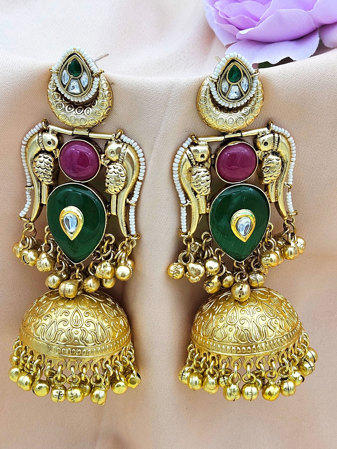 Gorgeous Antique Gold Green & Magenta Onyx -Multi Color Glass Polki Jhumka Earrings.