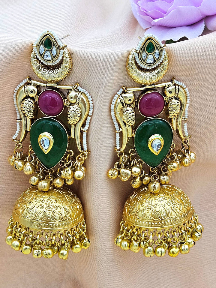 Gorgeous Antique Gold Green & Magenta Onyx -Multi Color Glass Polki Jhumka Earrings.