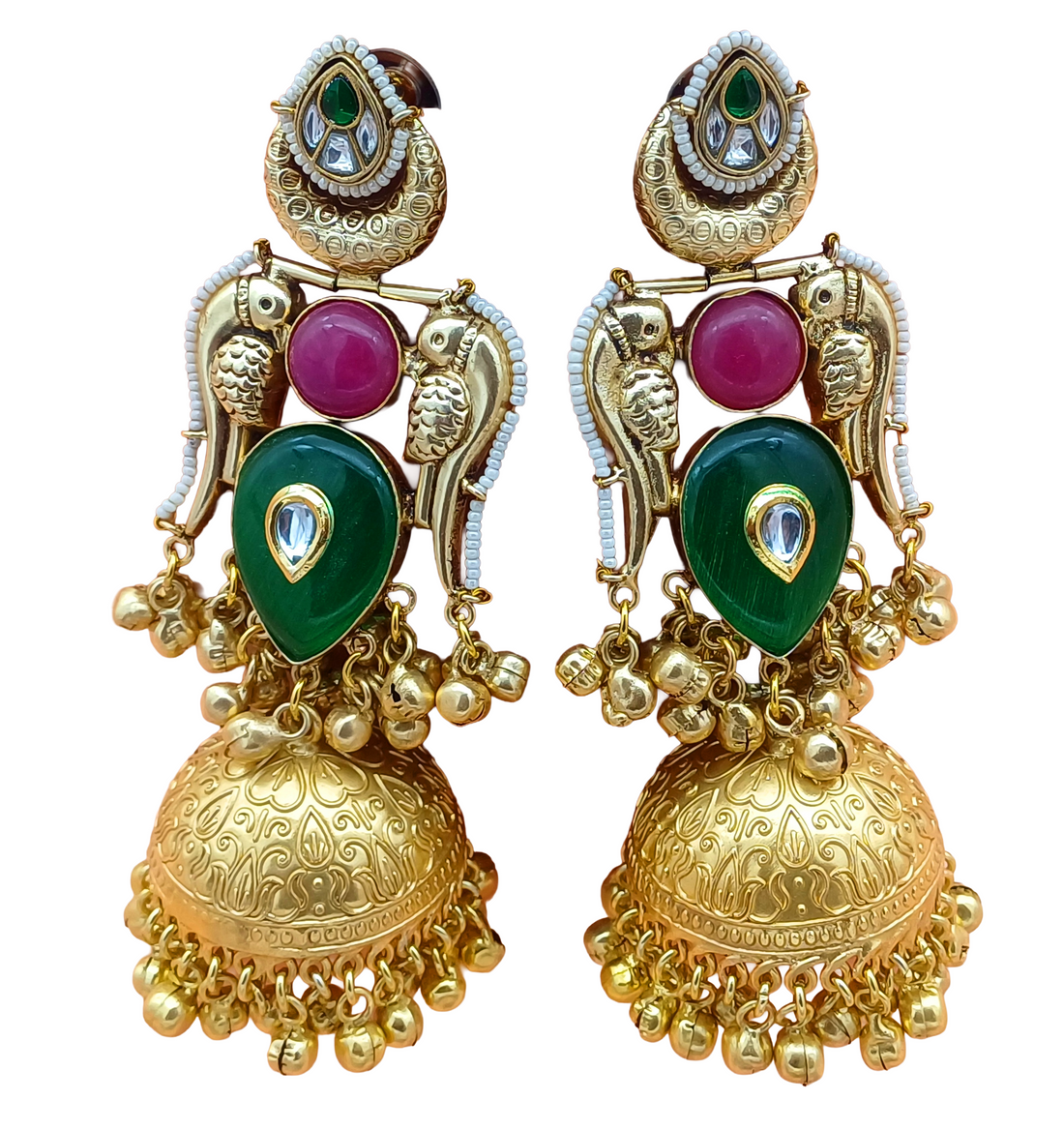 Gorgeous Antique Gold Green & Magenta Onyx -Multi Color Glass Polki Jhumka Earrings.