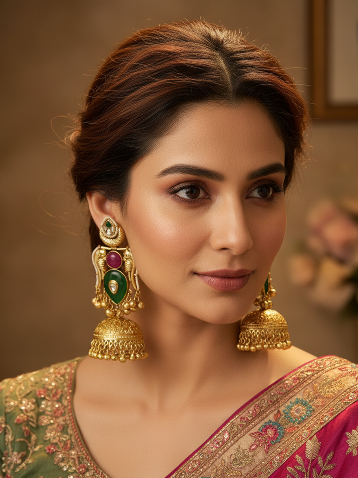 Gorgeous Antique Gold Green & Magenta Onyx -Multi Color Glass Polki Jhumka Earrings.