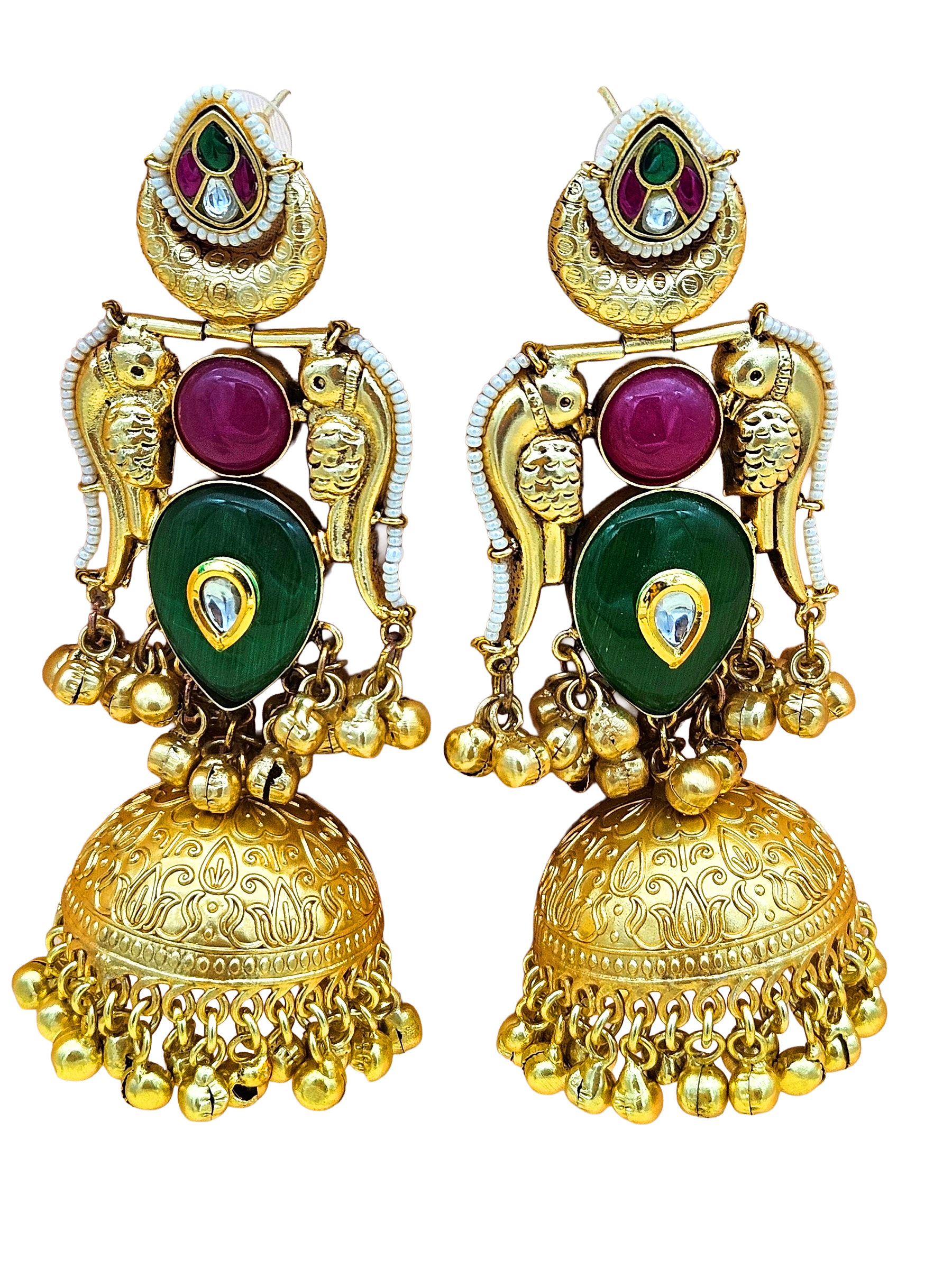 Gorgeous Antique Gold Green & Magenta Onyx -Multi Color Glass Polki Jhumka Earrings.