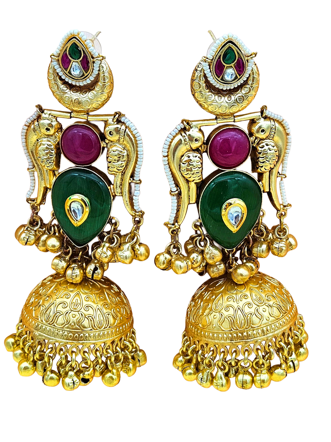 Gorgeous Antique Gold Green & Magenta Onyx -Multi Color Glass Polki Jhumka Earrings.
