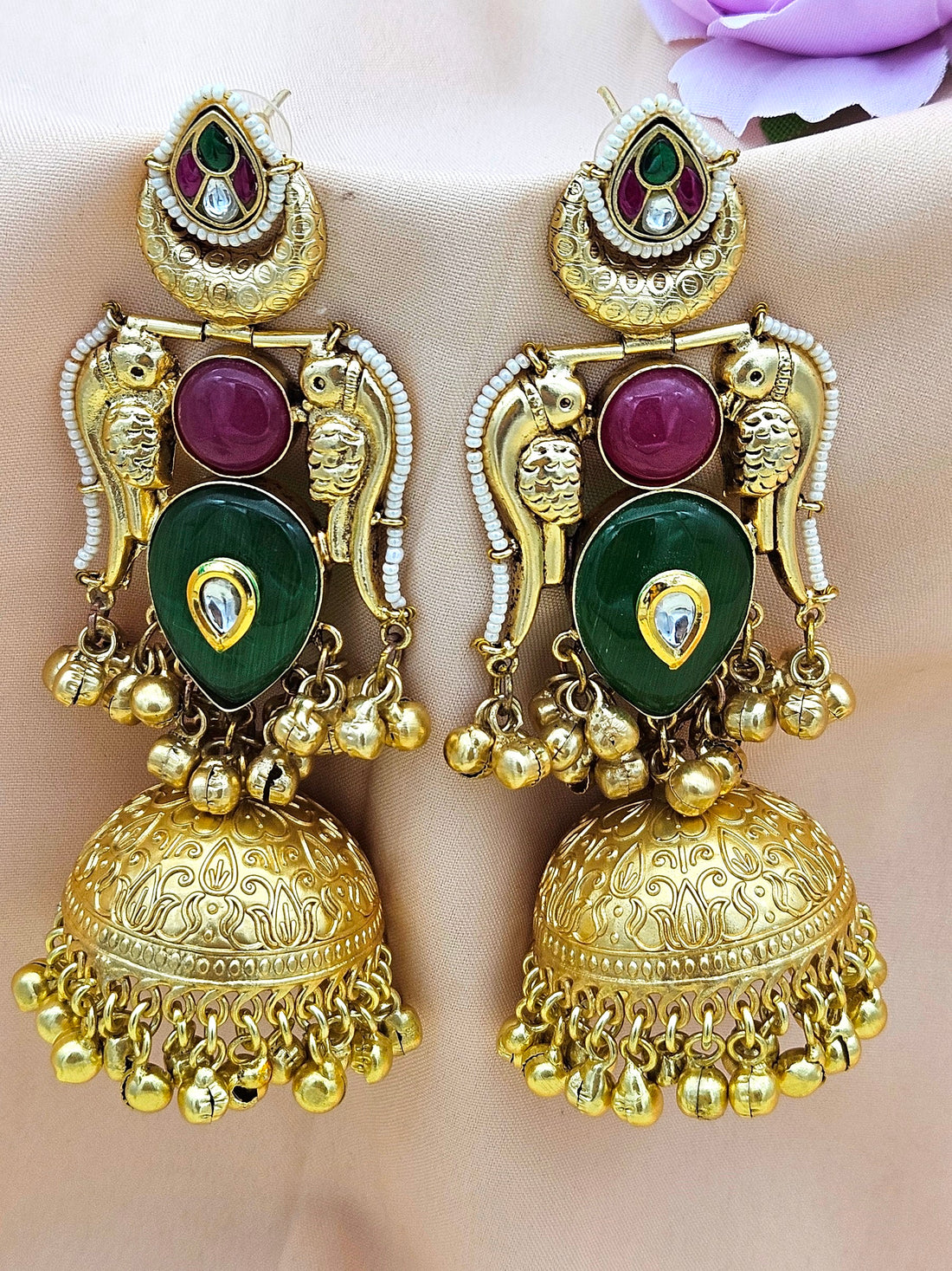 Gorgeous Antique Gold Green & Magenta Onyx -Multi Color Glass Polki Jhumka Earrings.