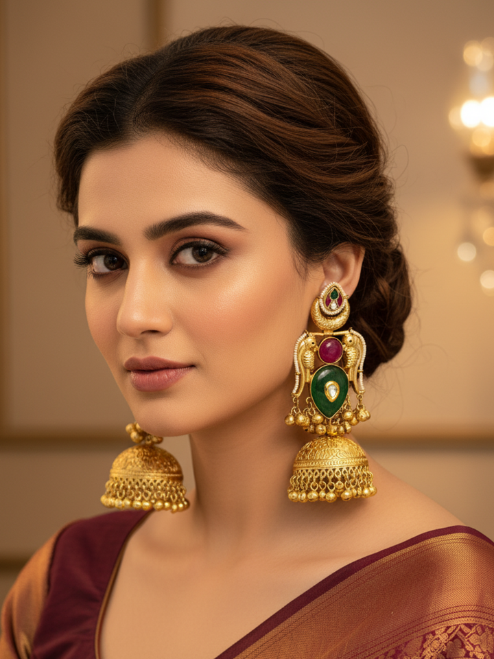 Gorgeous Antique Gold Green & Magenta Onyx -Multi Color Glass Polki Jhumka Earrings.