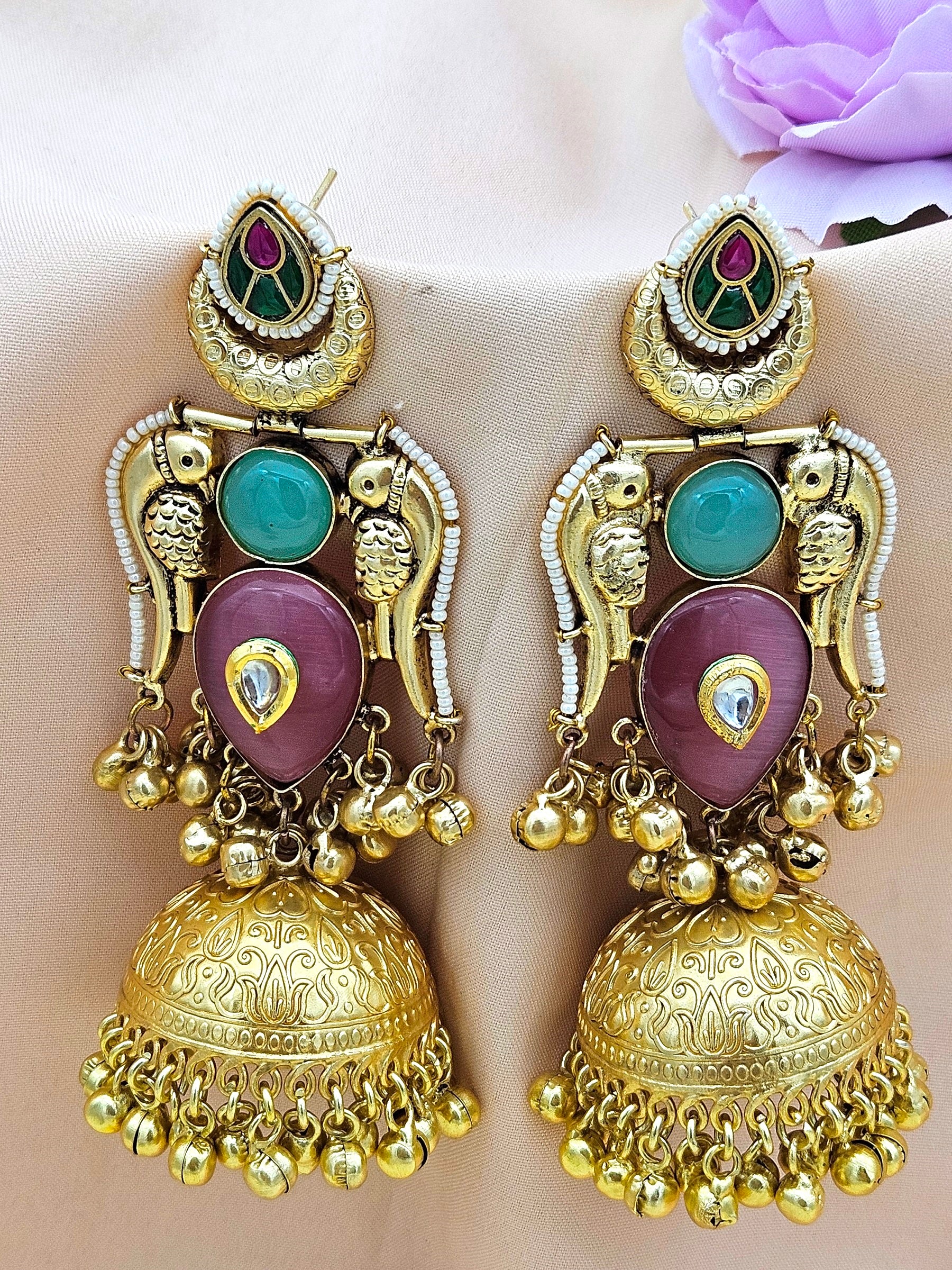 Gorgeous Antique Gold Pink Monalisa-Chalcedony-Multi Color Glass Polki Jhumka Earrings.