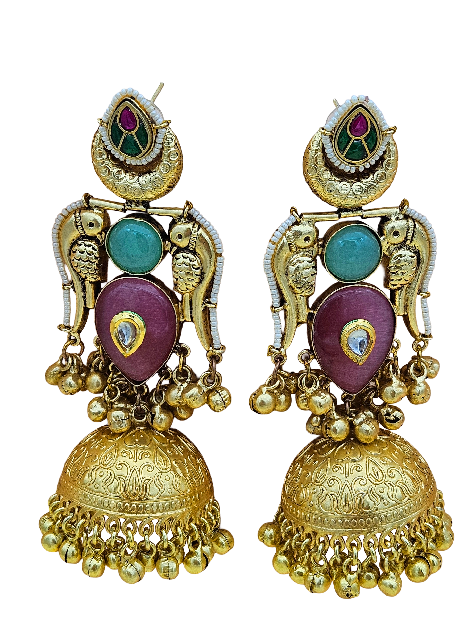 Gorgeous Antique Gold Pink Monalisa-Chalcedony-Multi Color Glass Polki Jhumka Earrings.