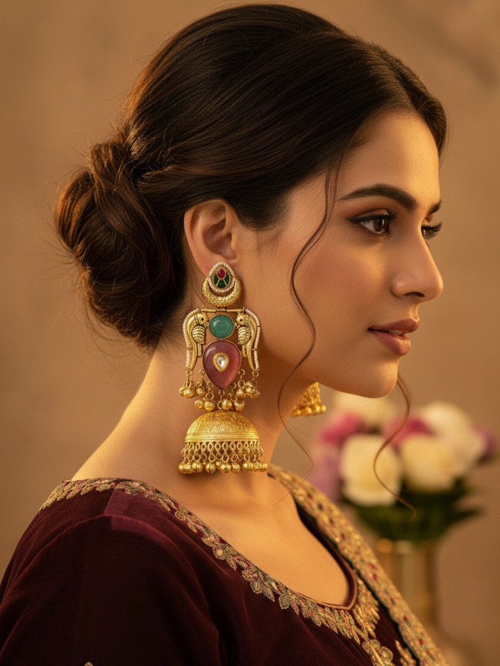 Gorgeous Antique Gold Pink Monalisa-Chalcedony-Multi Color Glass Polki Jhumka Earrings.