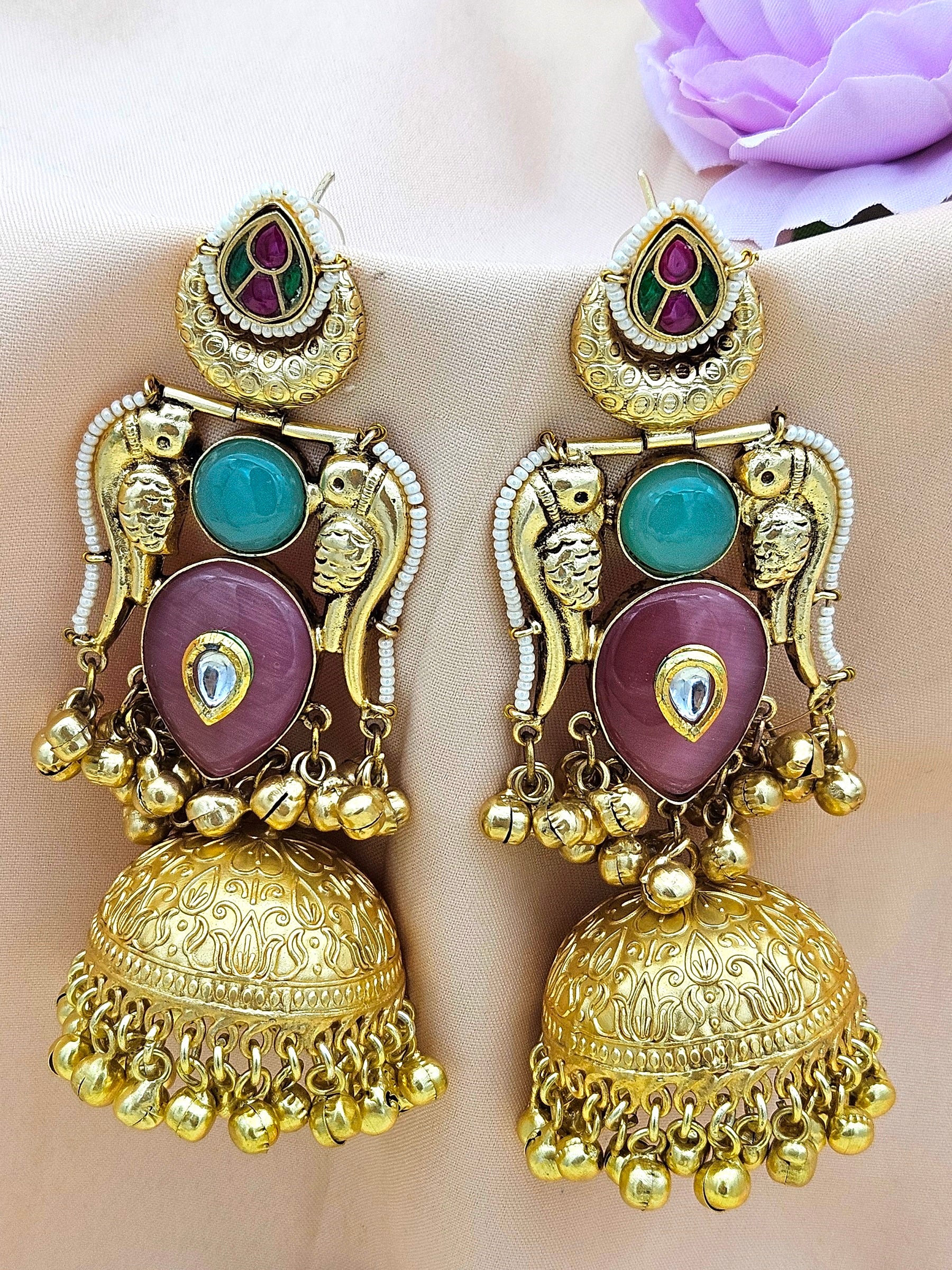 Gorgeous Antique Gold Pink Monalisa-Chalcedony-Multi Color Glass Polki Jhumka Earrings.