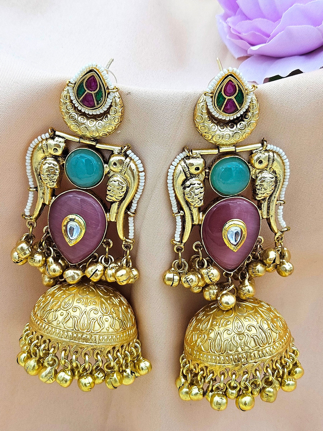 Gorgeous Antique Gold Pink Monalisa-Chalcedony-Multi Color Glass Polki Jhumka Earrings.