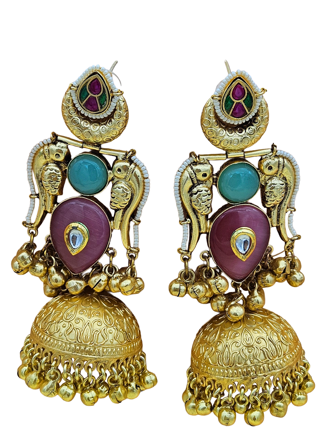 Gorgeous Antique Gold Pink Monalisa-Chalcedony-Multi Color Glass Polki Jhumka Earrings.